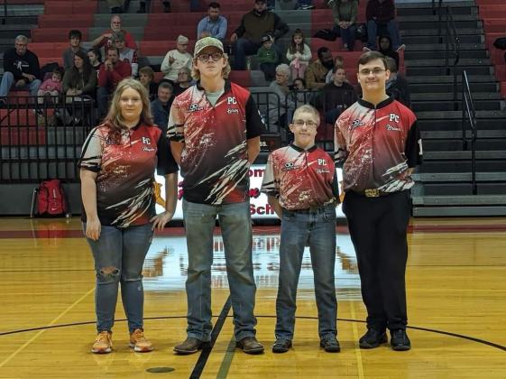 On Jan. 30 prior to the start of the boys basketball game against Robertson County, the four senior members of the bowling team were recognized. Pictured from left to right: Aliyah Webster, Leroy Bryant, Colton Webster and Bradley Brann.