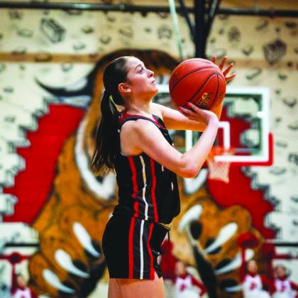 Ladycats junior Madison Verst knocked down four three-pointers to lead the Ladycats in their come from behind victory over Robertson County in the 38th District tournament. Photo by Pete Wigginton.