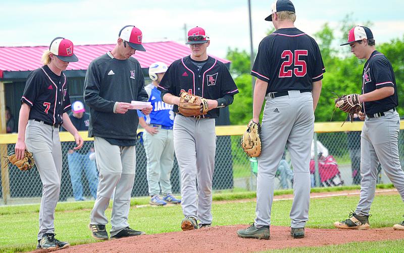 Head Coach Colin Duffie visits with his pitcher and infield to discuss strategy