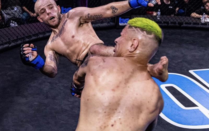 Daniel “Killshot” Kilburn delivers a kick to his opponent in a recent match. Photo courtesy of Killburn’s official Facebook page.