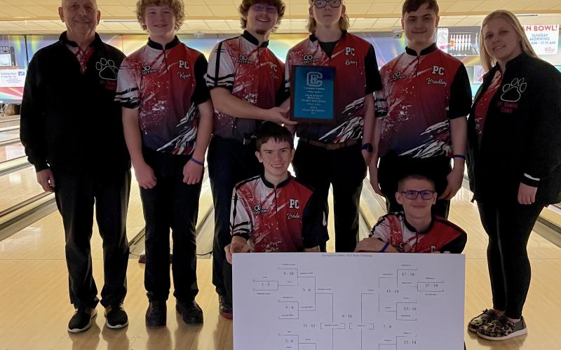 Front from left: Braden Brann, Karson Enzweiler; back, Ronnie Hutchison Kyan Brewer, Koby Brewer, Leroy Bryant, Bradley Brann, Amber Brewer, winner of the team challenge at Covington Catholic.