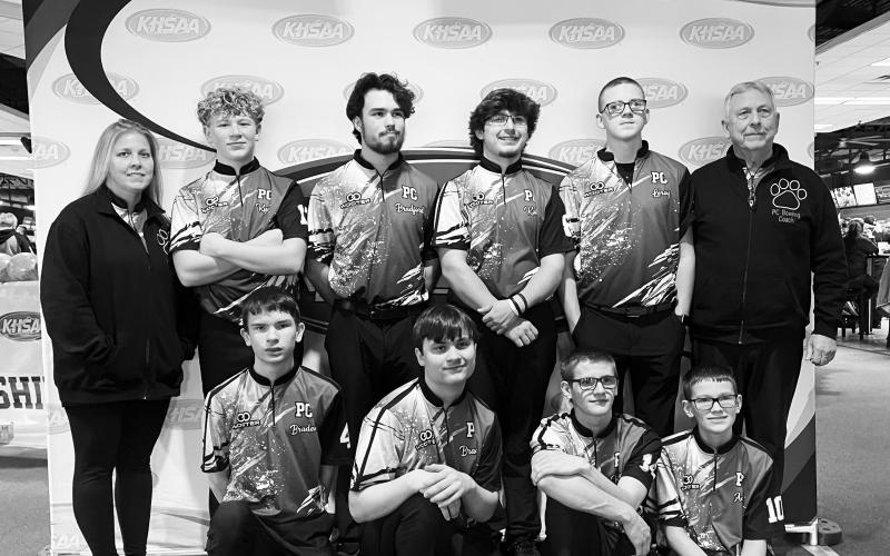 The Pendleton County bowling team competed in the state tournament held in Louisville. Front row l to r: Braden Brann, Bradley Brann, Karson Enzweiler, Adam Straus, Back row L to R: Assistant coach Amber Brewer, Kyan Brewer, Bradford Peoples, Koby Brewer, Leroy Bryant, head coach Ronnie Hutchison. Not pictured Josiah Hurdle.