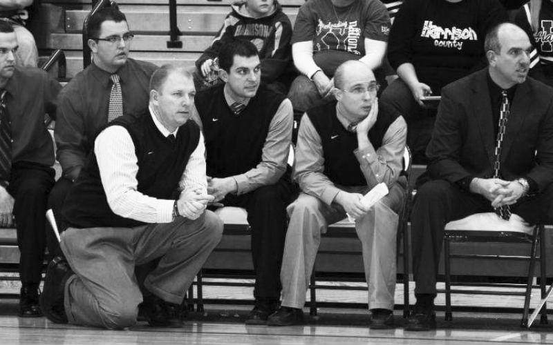 Chad Simms (kneeling) served as head coach of the Pendleton County Wildcats for six seasons where he won 73 games and brought home four district championships. Photo provided by Melody Simms
