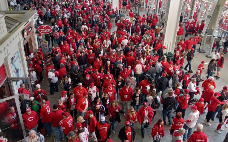 A sea of Red: Cincinnati Reds fans packed Great American Ballpark on March 30. A new-record crowd of 44,063 turned out on a beautiful, sunny day with temperatures in the mid-60’s.