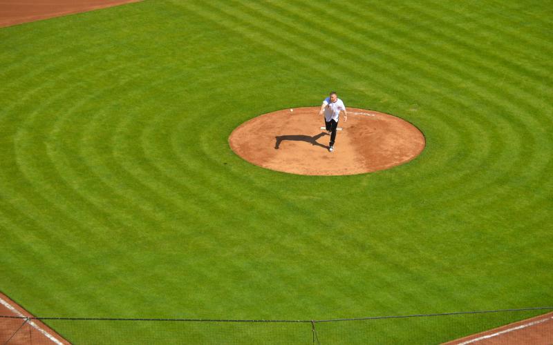 Former Reds all star Todd Frazier threw out the ceremonial first pitch. Now retired, Frazier played for the Reds from 2011-15 and won the home run derby in Cincinnati in 2015.