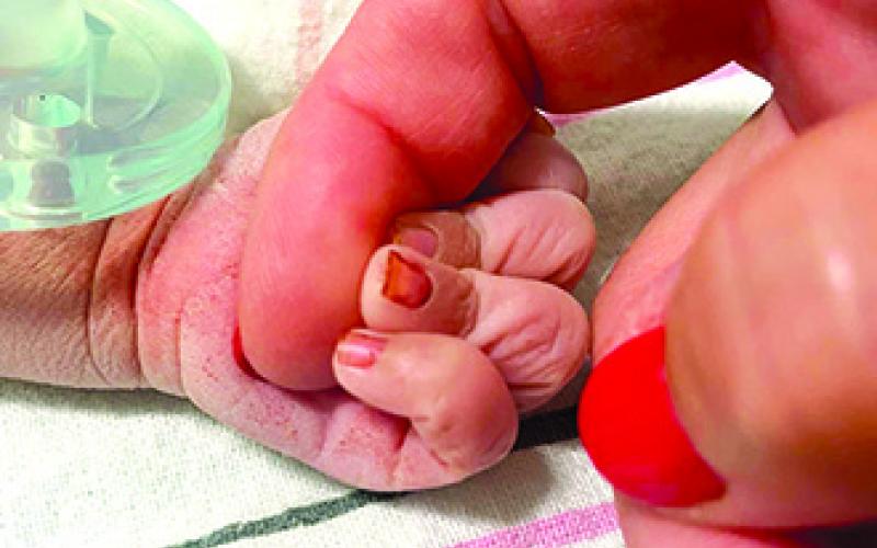 A newborn dropped off at a Carmel, IN, Safe Haven Box grips the finger of her rescuer. The baby is now a year old and is in a loving family. Photo courtesy of Safe Haven Baby Boxes, the non-profit organization responsible for fundraising for box installation.