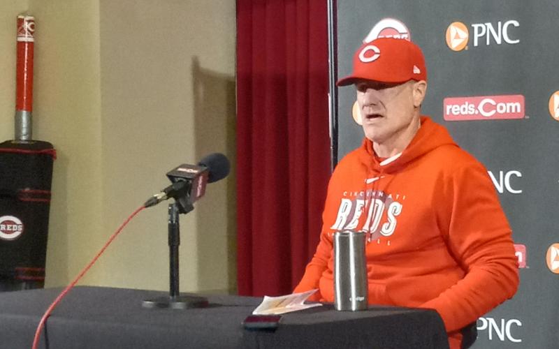 David Bell, now beginning his fifth season as Reds manager, addresses reporters following his club’s 5-4 loss to the Pittsburgh Pirates.