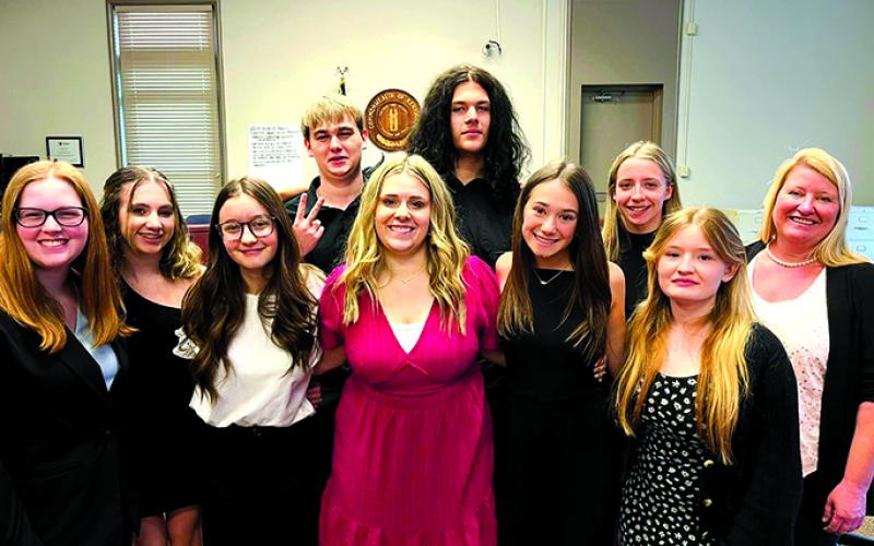 The 2023 Sophomore Leadership team led community conversations, asking what could get more youth involved in the community, and community organizations. Pictured, front, left to right, are Emily Best, Leyah Hyden, Hannah Thomas, Kendra Hess, Layne Nelson, Emily Fultz; back row are Kade Carr, Caden Winkle, Katie Black, and advisor Michelle Lustenberg.