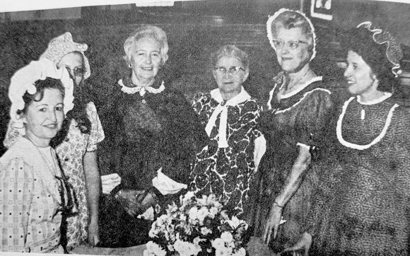 Parishioners dress in historical clothing as they celebrate the 100th year anniversary of Falmouth Christian Church in 1973. Left to Right: Nancy Houchen, Karen Hart, Vida Thompson, Ella Simpson (author of the letter), Mrs. John Gardner, and Dora Helen Fields.