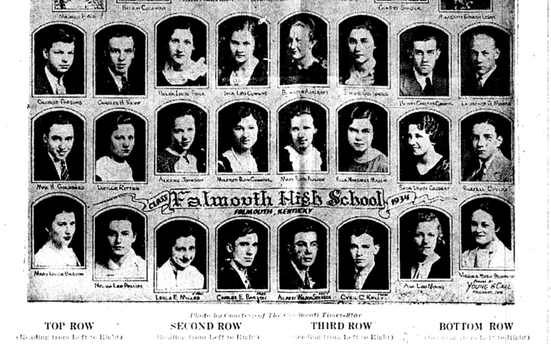 Gladys Frazier, second from the top right, is pictured with her Falmouth High School graduating class of 1934. In the caption, she is listed as one of four outstanding students.