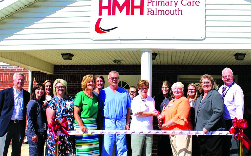 Harrison Memorial Hospital executives and staff, along with the R. C. Durr representative who provided support, celebrate the new behavioral health portion of the HMH Primary Care Office in Falmouth. Pictured are Dr. Stephen Toadvine, HMH CEO; Melissa Slade, Rural Care Manager; Kathy Tussey, CNO; Janelle Gardner-Cox, HMA Board Member; Dr. Steven Neus, Primary Care Physician at HMH PC Falmouth; Cathy Messinger, APRN, Psychiatric Nurse Practitioner; Carla Farrar, LPCC, HMH Outpatient Licensed Counselor; Jean