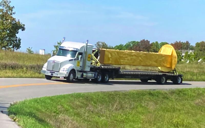 The Golden Spike Monument makes its way down Highway 467, on its way to its first stop at the Henry Clay Estate in Lexington October 5th, 2023