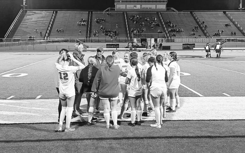 Ladycats head coach Aaron Harper talks with his team during halftime of their regional matchup against Bishop Brossart