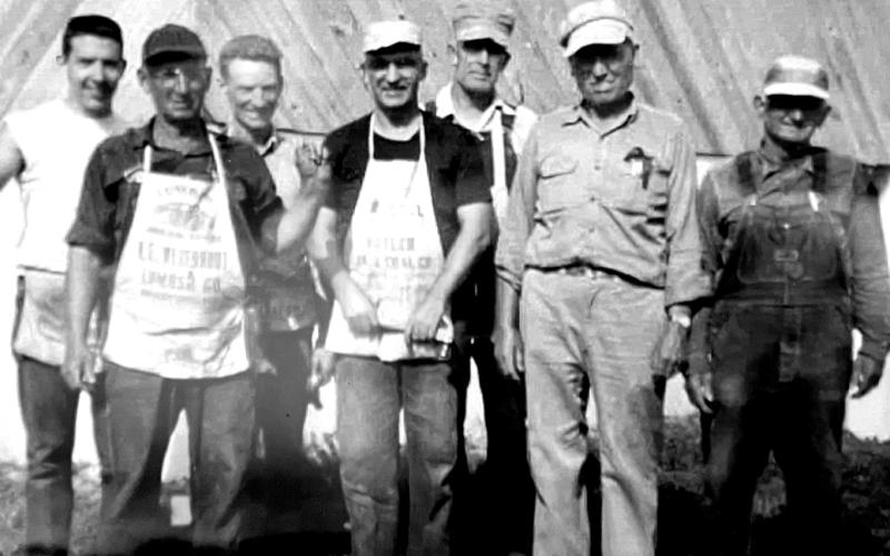 Church members helping with the building of the original church: Marcus McDole (only non-member), Roy Record (Allen's father), Frankie Harrison, George Taylor, Earl Gray, Denver Hornbeek, Barney Adams (Ruby Taylor's father)
