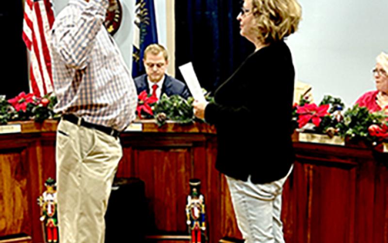 Dave Klaber, former Falmouth Fire Chief, takes the oath of office after his appointment to Falmouth City Council. Klaber, who was recently terminated by Mayor Sebastian Ernst for reasons the Falmouth Outlook cannot confirm, was chosen from a pool of five applicants for the position. Klaber was on council from January 2019 through December 2020, when he left to take the position of fire chief.