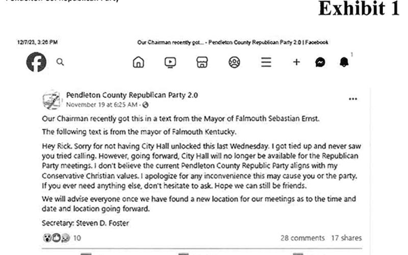Exhibit 1 was matched by Ernst with his response to Rick Brown, Chair of the Republican Party. After Party Sec. Steven D. Foster posted Ernst’s communication regarding the party’s use of the building, including the belief the “current PC Republican Party does not align with [his] Conservative Christian values,” Brown responded, which elicited this response from Ernst. Brown’s response was not presented in the evidence.