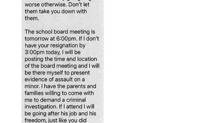 Exhibit 3: Text Ernst sent to Councilperson Bobby Pettit, demanding his resignation or he would appear at the school board meeting with parents and families who would “demand a criminal investigation.”