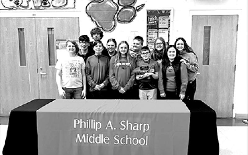 The Sharp Middle School Academic Team took second place Jan. 13 at the district Governor’s Cup competition. The quick recall team placed third, and consisted of Kip Gregg, Jackson Jacobs, Kendra Maxedon, Silas Derico, Nick Black, Wyatt Stamper, RJ Combs, Riley Combs, Kieran Brayton, and Ryan Barger. The FPS team, which included Hallie Cahill, Estelle Alsip, Carter Dunn and Easton Verst, placed first. In written composition, Kendra Maxedon took second and Brooke Florer followed in third. Nick Black came in t