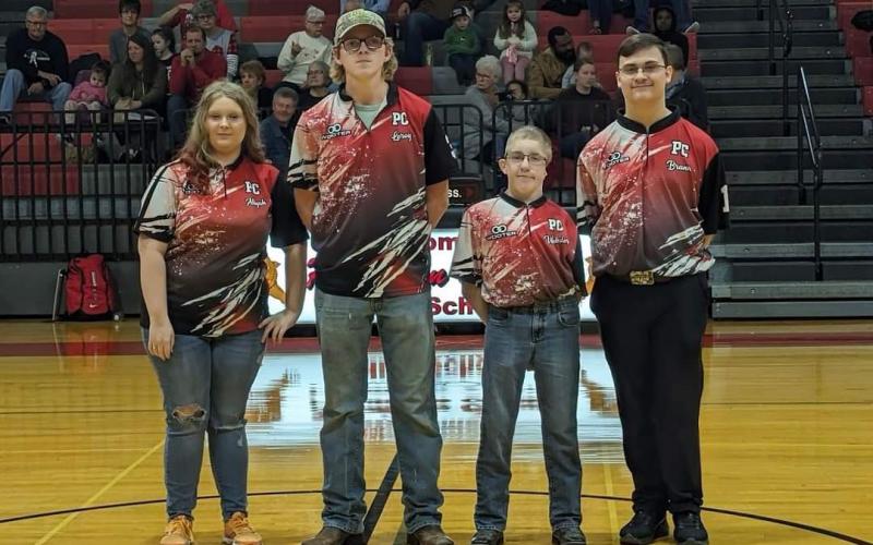 On Jan. 30 prior to the start of the boys basketball game against Robertson County, the four senior members of the bowling team were recognized. Pictured from left to right: Aliyah Webster, Leroy Bryant, Colton Webster and Bradley Brann.