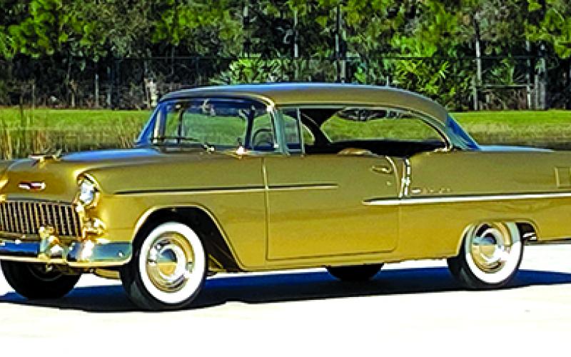 Steve Blades of Falmouth was one of three partners who built this detailed, full-scale replica of the golden 1955 Chevrolet Bel Air Sport Coupe that was the 50 millionth car Chevrolet manufactured. The original came out of the Flint, Michigan, plant Nov. 23, 1954. This reproduction was finished in Jan. 29 in Sanford, Florida. Photo courtesy Steve Blades.