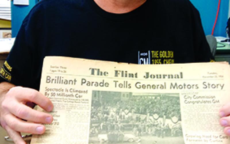 During his research into General Motors' 50 millionth car, Steve Blades found newspapers of the golden 1955 Bel Air being paraded in Flint, Michigan. Photo by Burton Cole.
