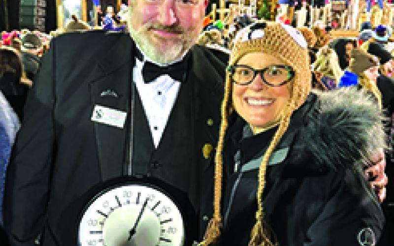 Outlook correspondent Dr. Cecilia Duffy posses with Punxsutawney Phil Inner Circle member Big Chill, aka, Jason Grusky. Photo courtesy Dr. Cecilia Duffy.