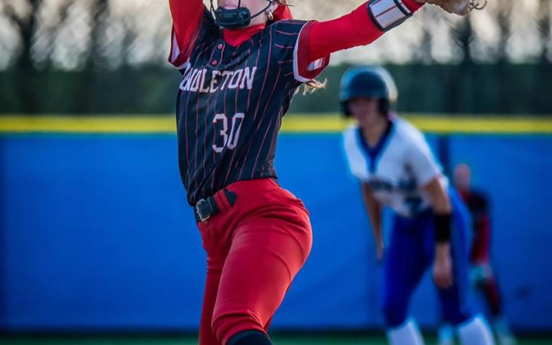 Ladycats freshman, Hannah Spaulding, was the starting pitcher in their home opener against Montgomery County. Photo by Pete Wigginton.