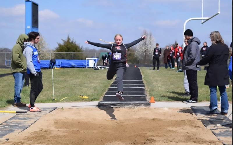 Aryanna Soden goes airborne for the track and field team during Saturday's meet in Bracken County. Photo courtesy of Jennifer Redden.