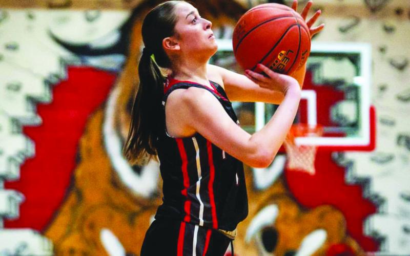 Ladycats junior Madison Verst knocked down four three-pointers to lead the Ladycats in their come from behind victory over Robertson County in the 38th District tournament. Photo by Pete Wigginton.
