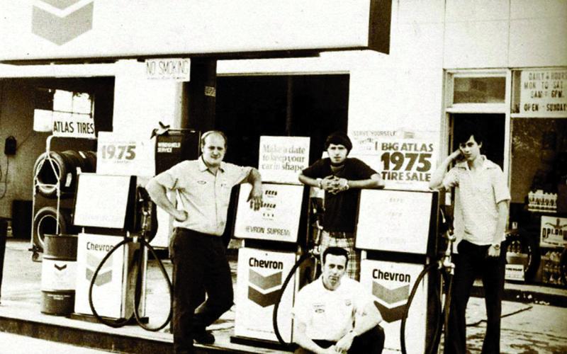 Ercil “Bennie” Vanlandingham, front, poses with mechanics, from left, David Utz, Steve Kavanaugh and son Ronnie Vanlandingham at Ben’s Chevron in 1975.