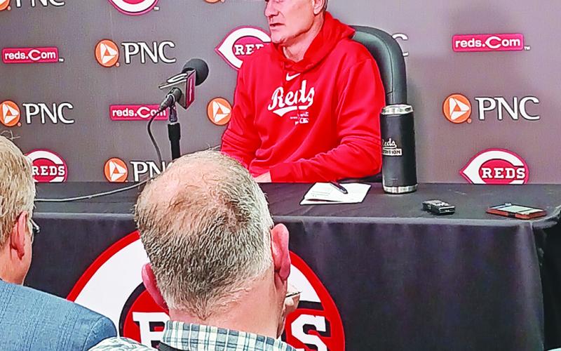 Reds manager David Bell, now in his sixth season, talks with reporters prior to the start of the game with the Washington Nationals.