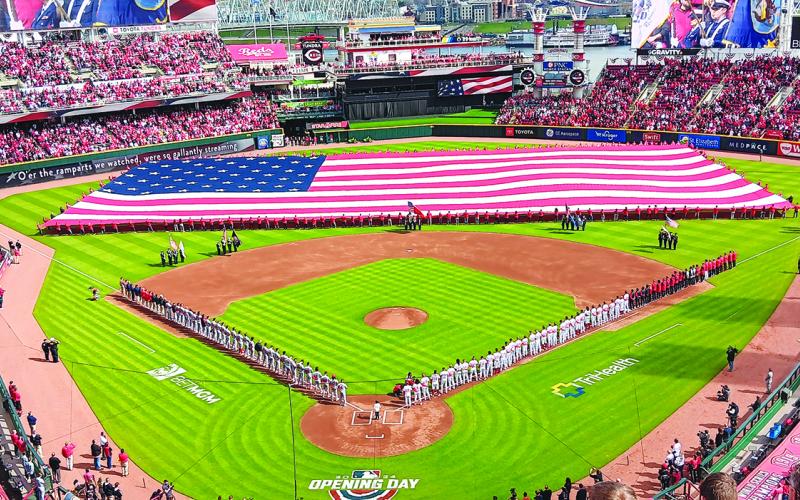 An annual tradition: During the National Anthem, a mammoth 300x150 foot American flag was stretched across the outfield.