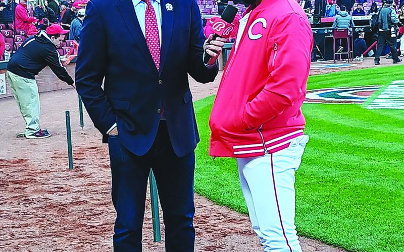 “Two Martini rule”: Reds designated hitter Nick Martini speaks with Jim Day of Bally Sports Ohio following his two-home run, five-RBI Opening Day performance Thursday in Cincinnati against the Washington Nationals. The Reds prevailed 8-2. A number of Pendleton County residents were in attendance. Falmouth Outlook Sports Editor Sam McClanahan talked with many of them at the Great American Ballpark. See more notes and photos on Page 14. Photo by Sam McClanahan.