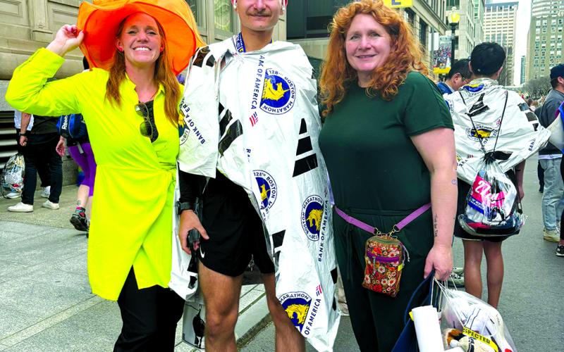 William Burns, 22, of Falmouth, middle, poses with his aunt, Lesha Munich, left, and his mom, Amanda Fitzpatrick, after he completed the Boston Marathon on April 15. Sisters Munich and Fitzpatrick traveled to Boston to cheer on Burns. Photo courtesy of William Burns.