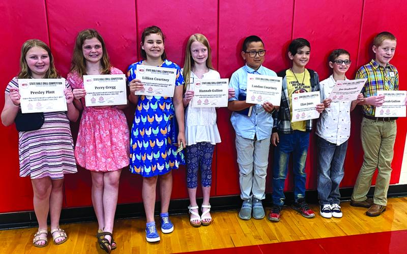 Eight children from three Pendleton County churches participated in the state Bible drill at Red House Baptist Church in Richmond. They are, from left, Presley Platt and Perry Gregg, both of Turner Ridge Baptist Church, Lillian Courtney of Mount Carmel Baptist Church, Hannah Gullion of Knoxville Baptist Church, Landon Courtney and Elias Jones, both of Mount Carmel, and Joe Seabrooke and Josiah Gullion, both of  Knoxville. Photo courtesy of Dale Beighle.