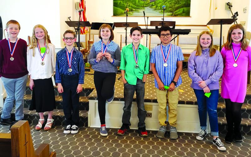 Children’s Bible drill participants at Turner Ridge Baptist Church are, from left, Josiah Guillion, Knoxville Baptist Church, Hannah Guillion, Knoxville, Joe Seabrooke, Knoxville, Lillian Courtney, Mount Carmel Baptist Church, Elias Jones Mount Carmel, Landon Courtney, Mount Carmel, Presley Platt, Turner Ridge, and Perry Gregg, Turner Ridge.