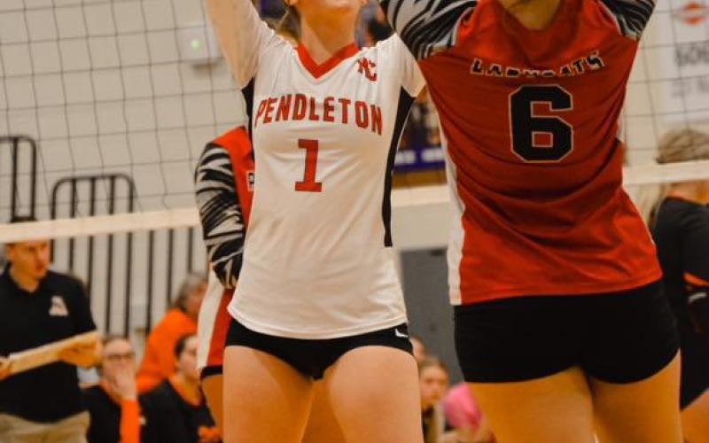 Madison Verst (1) celebrates with Pendleton County High School teammate Jayla McIlvain (6) during the volleyball regional tournament last week at Bracken High School. The Ladycats made history when they picked up a first round win over the Augusta Lady Panthers. It was the first time in 11 attempts that Pendleton County picked up a win in regional action. The Ladycats lost to eventual champions Scott High School in the regional semifinal game. The Ladycats finished their volleyball season with a 22-7 record