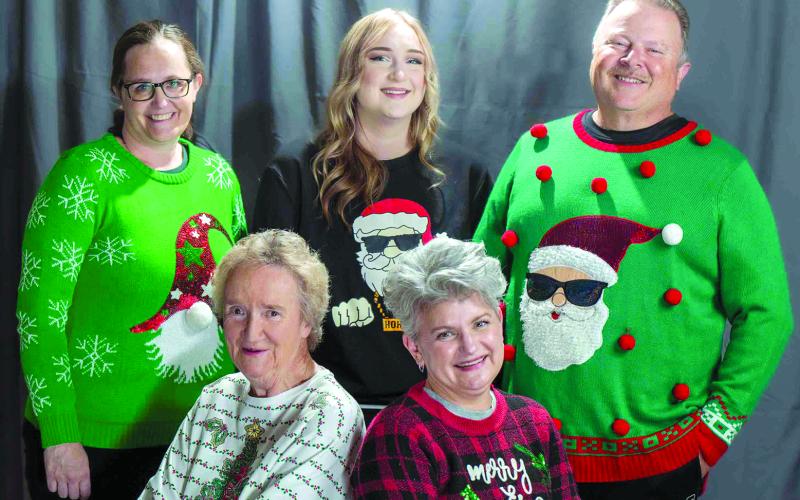 The cast of “Away in the Basement: A Church Basement Ladies Christmas,” playing, Thursday, Dec. 5 through Dec. 15 at Kincaid Regional Theatre in Falmouth, is, top row from left, Carrie Thomas, Bethany Beckett and Darin Hart, and bottom row from left, Barbara Browning and Bonita Pack. Photo courtesy of Kincaid Regional Theatre.