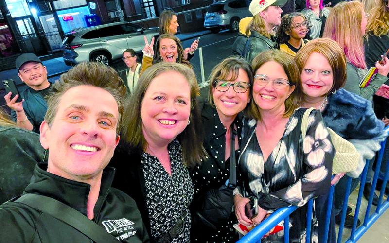 Squeezing into a selfie with Joe McIntyre, left, of New Kids on the Block fame are Pendleton County friends Jaime Moellman, Robyn Mayes, Rachel Travis and Robin Copestick. The Kentuckians saw McIntyre in the off-Broadway show “Drag: The Musical” during their visit this month to New York City. Photo by Joe McIntyre.