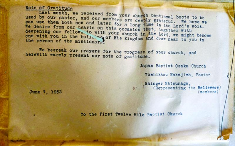 On the back of the frame letter is this translation. Photo courtesy of First Twelve Mile Baptist Church.