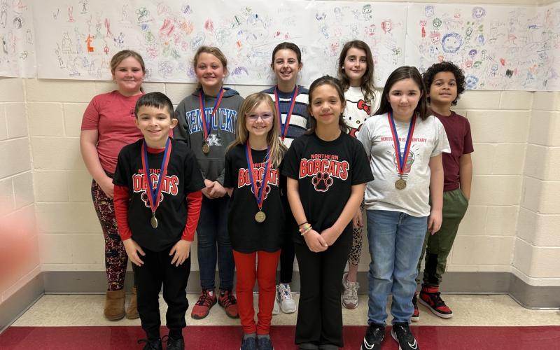 The Northern Elementary School academic team is, back row from left, is Jazzlynn Jones, Parker Blau, Larkin McCain, Evelyn Jones and Jeremiah Wrightsman, and in the front row from left, Nolan Mullins, Wilhelmenia Hamilton, Harper Purvis and Maya Jacobs. Missing from the photo are Blake Barnhart, Archer Jones, Lincoln Stephens and Beulah Gillespie.   Photo courtesy of Jennifer Redden.