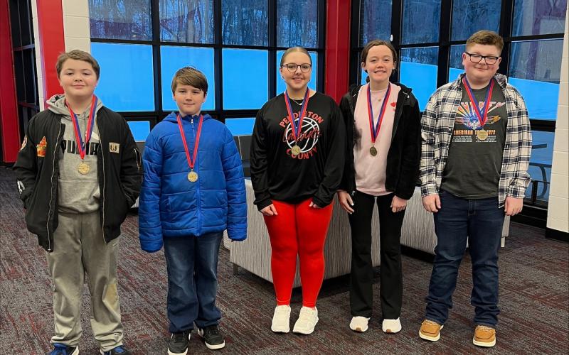 The Sharp Middle School academic Future Problem-Solving team members are, from left, Shiloh Williams (test team), Logan MacNeil, Estelle Alsip, Hallie Cahill and Carter Dunn. The quick recall team, not pictured, placed third. Members are Kenzie King, Jackson Jacobs, Silas Derico, Easton Verst, Carter Dunn, Gideon Byers, Gabe Black and Brently Florer Photo courtesy of Amanda King, academic team coach.