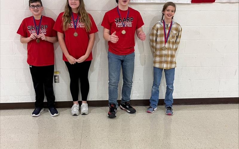 The Sharp Middle School academic team subject test members are, from left, Jackson Jacobs, Kenzie King, Silas Derico, and Lilly Jones. Photo courtesy of Amanda King, academic team coach.