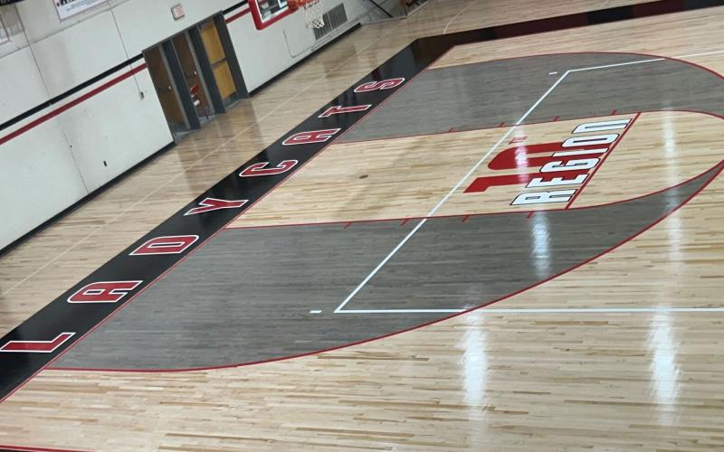 New additions include the 10th Region logo just inside of both free throw lines plus an outlined shape of Pendleton County with the initials 'PC' at mid-court.
