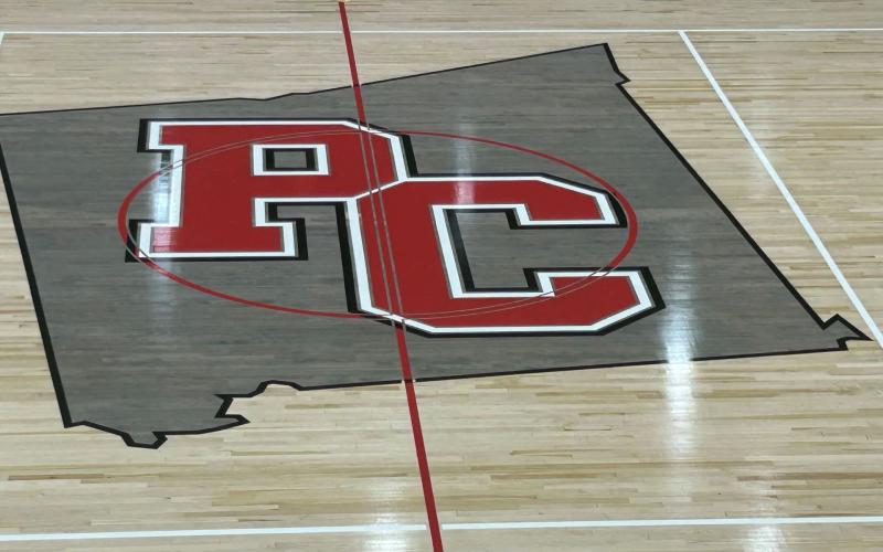 New additions include the 10th Region logo just inside of both free throw lines plus an outlined shape of Pendleton County with the initials 'PC' at mid-court.