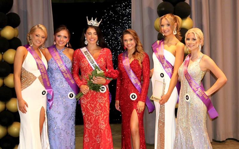 from left are Chloe Wilkey, fourth runner-up; Briella Rodgers, third runner-up and Miss Personality;  Payton Hensley; Brie Dunavent, first runner-up; Mackenna Turner, second runner-up, Miss Congeniality and Miss Photogenic; and Brenli Bobb, People’s Choice.