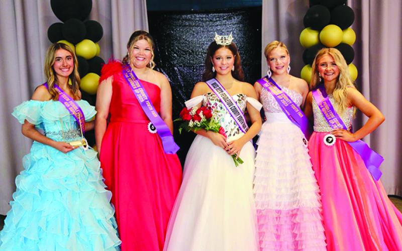 from left are Paige Vaughn, fourth runner-up and Miss Photogenic; Lanie Roark, second runner-up and Miss Personality; Kodie Reynolds; Natalee May, first runner-up and People’s Choice; and Maci McCann, third runner-up and Miss Congeniality.