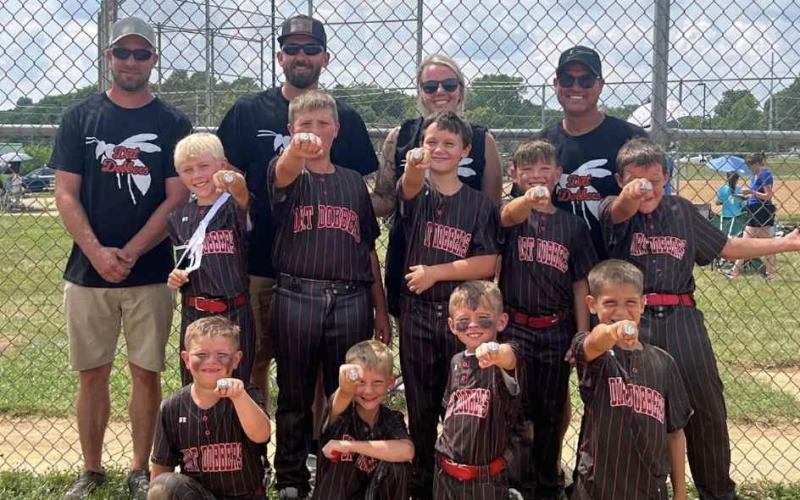 Back row L-R:  Head coaches Todd Weinel and Blaine McClanahan. Assistantcoaches Kelsie McClanahan and Jonathon Peoples. Players: Holton King, Walker McClanahan, Jackson Turner, Keegan Peoples, Kobe Kells, Boden Brewer, Memphis McClanahan, Bayne Brewer, and Thatcher Weinel. Not pictured: Hudson Tackett, Owen Bramley. Photo courtesy of Kelsie McClanahan.