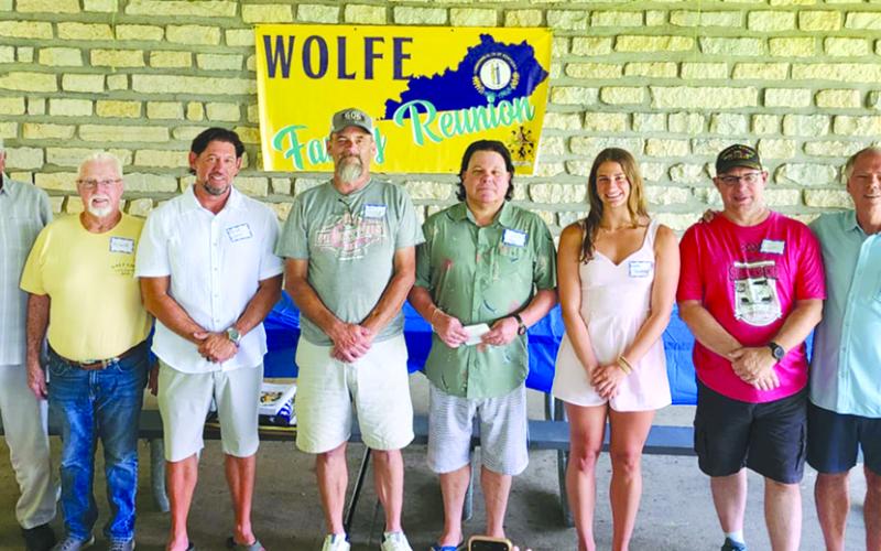 Wolfe Family veterans, from left, are Cpl. Marvin Wolfe, Sgt. Roger Wolfe, SFC Brad Sorrell, Cpl. Alan Wolfe, SPC Mitch Wolfe, PO3 Chris Reel, Sgt. Rachel Townsend and Staff Sgt. James Wolfe.