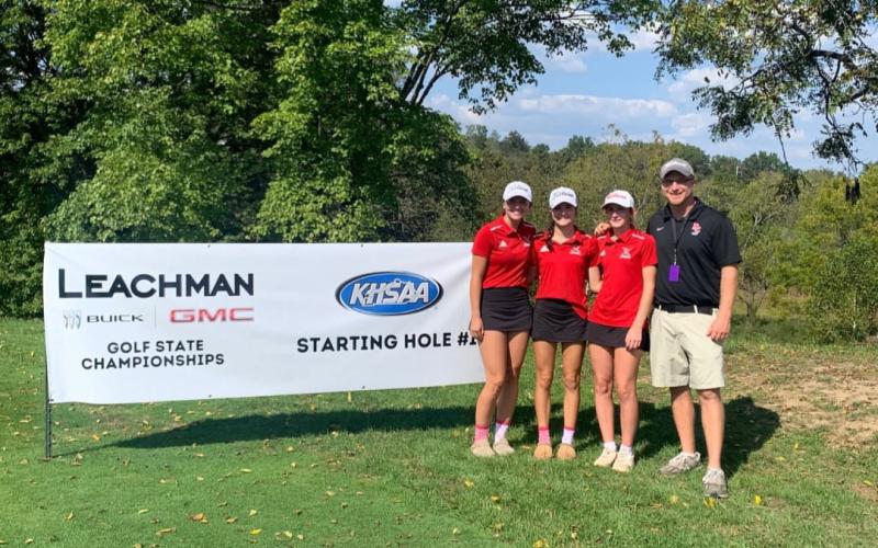 Ladycat golfers Laci Tackett (far left), Kinly Cooper, Taylor Bruener and head coach Adam Bruener took part in KHSAA Semi-State Golf round at Pendleton Hills on September 30.